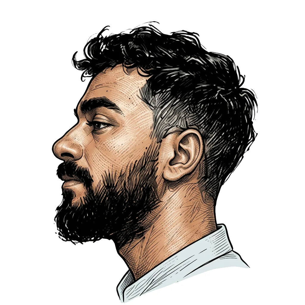 Hand-drawn ink portrait of Mahmoud Nasser in profile